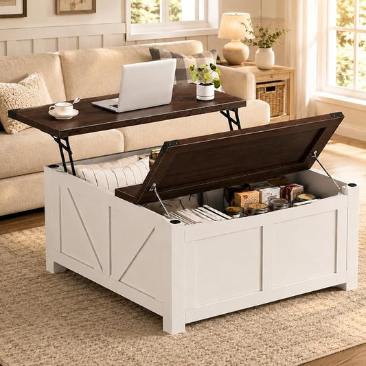 Simple Deluxe Lift Top Coffee Table with Storage, 35.5" Square Coffee Tables for Living Room, Farmhouse Coffee Table with Power Outlets, Coffee Tables with Lifting Top for Living Room (White)