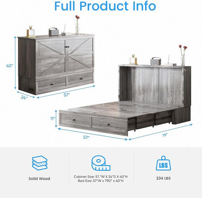 PUREMIND Full Murphy Bed Cabinet with Storage Drawers, Bedroom Cabinet Beds with USB Charging Station, Murphy Chest Bed with Storage Drawers, Horizontal Wallbed for Guest Room