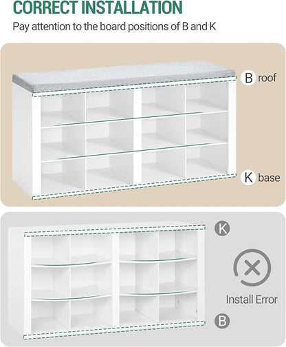 Hzuaneri Shoe Bench with Cushion, Entryway Storage Bench with 12 Cubbies, Cubby Shoe Rack with Adjustable Shelves, Shoe Organizer Cabinet for Living Room, Bedroom, Entryway, White SB19003GY