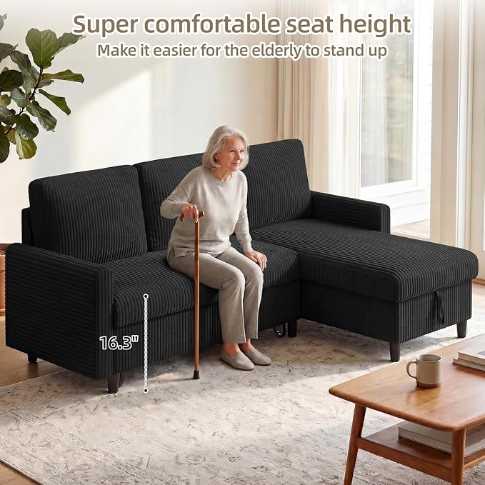 JAMFLY 77" Pull Out Sleeper Sofa Bed with Storage Chaise, L-Shaped Corduroy Sectional Couch, 3-Seater Convertible Sofa Bed for Small Space, Apartment & Guest Room, Pet-Friendly & Easy Assembly, Black