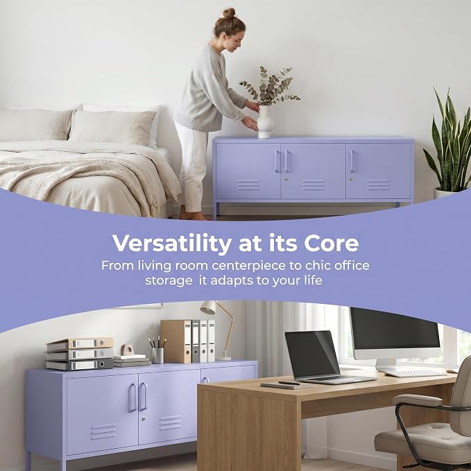 3 Door TV Stand with Storage Locke Metal TV Cabinet with 2-Tier Multi-Purpose Lockable Wide Storage Cabinet, Media Console Table with Metal Legs for Living Room, Bedroom,Office,Purple ﻿
