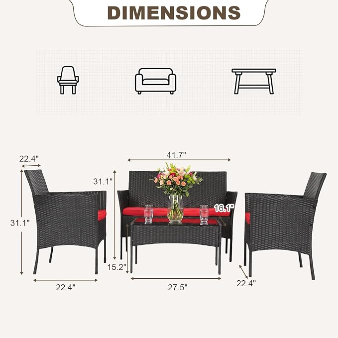 FDW | 4-Piece Patio Furniture Set | Red | Outdoor Wicker Furniture with Coffee Table | Modern Rattan Chairs Conversation Set | Outdoor Seating | Weather-Resistant | for Porch, Garden, Lawn