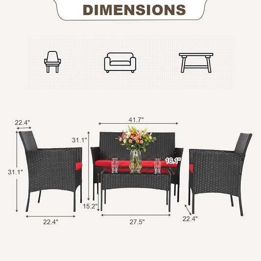 FDW | 4-Piece Patio Furniture Set | Red | Outdoor Wicker Furniture with Coffee Table | Modern Rattan Chairs Conversation Set | Outdoor Seating | Weather-Resistant | for Porch, Garden, Lawn