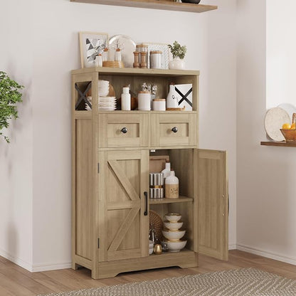Befrases Natural Wood Storage Cabinet with Drawers and Shelves, Standing Kitchen Pantry Cabinet, Floor Storage Cabinet Hutch Cupboard, Coffee Bar Station for Dining Living Room Home Office