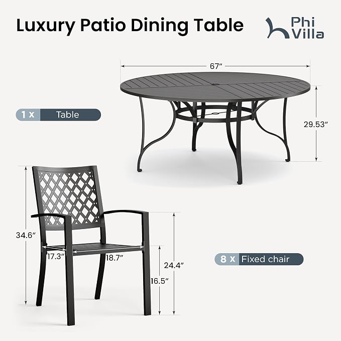 PHI VILLA 9 Piece Outdoor Dining Set for 8, 67" Metal Round Table with Umbrella Hole & Stackable Wrought Iron Chairs, All Weather Large Furniture Set for Patio, Deck, Backyard, Porch - Black