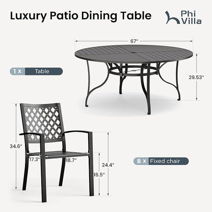 PHI VILLA 9 Piece Outdoor Dining Set for 8, 67" Metal Round Table with Umbrella Hole & Stackable Wrought Iron Chairs, All Weather Large Furniture Set for Patio, Deck, Backyard, Porch - Black
