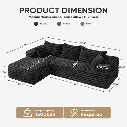 2" Corduroy Boneless Couches for Living Room, L Shape Sofa with Chaise | 102.4" Modular Sectional Sofa, Cloud Couch Sectional with Deep Seat, No Assembly, Black, Left Chaise