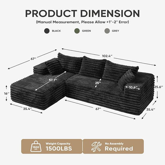 2" Corduroy Boneless Couches for Living Room, L Shape Sofa with Chaise | 102.4" Modular Sectional Sofa, Cloud Couch Sectional with Deep Seat, No Assembly, Black, Left Chaise