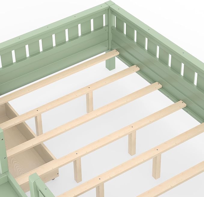Bellemave Queen Bed with Storage Drawers & Bookshelf, Low Profile Kids Bed Frame with Staircase & Full Length Guardrails, Solid Wood Queen Bed for Kids with Slats Load 550LBS, Easy Assembly, Green