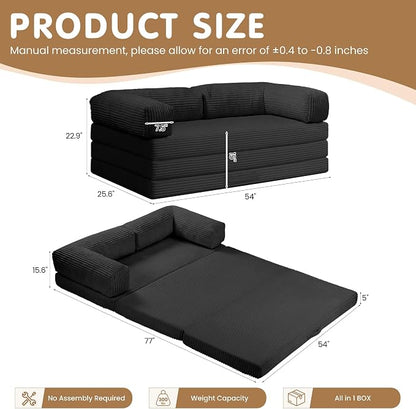 Convertible Sofa Bed Full,5-in-1 Tri-Fold Boneless Couch with Removable Armrests & Handle,Corduroy Futon Sleeper Sofa,Floor Folding Mattress Pull Out Bed for Small Space Apartment Bedroom Black