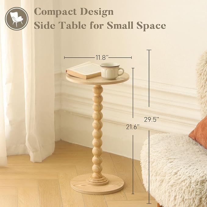 Fultyle Round Side Table, Small Drink Table for Small Spaces, Modern Accent End Table with Solid Wood Leg for Living Room, Bedroom, Corners, and Office (Natural)