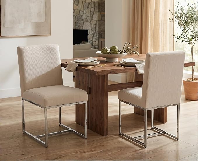 CIMOTA Modern Dining Chairs Set of 2, Upholstered Dining Room Chairs Armless Guest Side Chair with Chrome Base for Dining Room/Kitchen, Beige, 2PCS