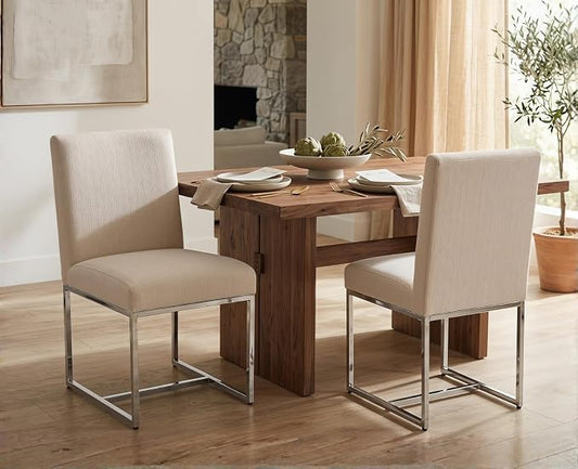 CIMOTA Modern Dining Chairs Set of 2, Upholstered Dining Room Chairs Armless Guest Side Chair with Chrome Base for Dining Room/Kitchen, Beige, 2PCS