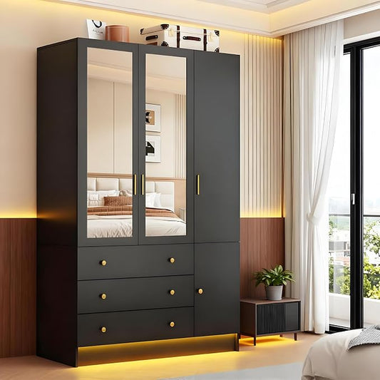 75” Tall Wardrobe Closet with 3 Doors & 3 Drawers, Modern Armoire with Mirror & LED Lights, Wooden Armoire Wardrobe Closet for Bedroom, Hanging Rod, Freestanding Clothing Storage Cabinet, Black