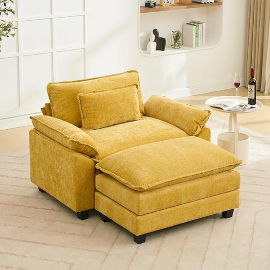 Oprisen 53" Modular Sectional Sofa, Comfy Cloud Couch Sectional Sofa with Ottoman, Chenille Sofa Sleeper Deep Seat Sofa with Throw Pillows for Living Room (Yellow)