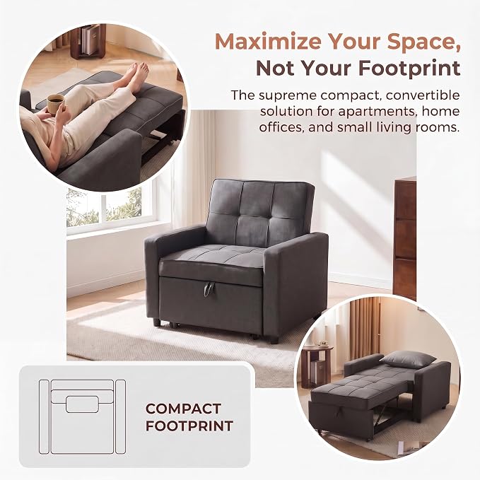 3-in-1 Convertible Sleeper Chair, Pull Out Single Sofa Bed with 3 Adjustable Backrest Angle & Pillow, Foldable Compact Reclining Sofa Bed for Small LivingRoom, Apartment, Home Office, Gray