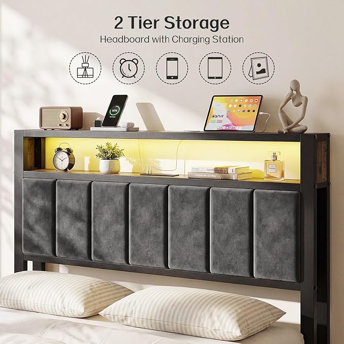 OLEVS Full Size Bed Frame with Charging Station & LED Light, 2-Tier Storage Headboard & Footboard, Type C & USB Ports Metal Platform Bed, No Box Spring Needed, Easy Assembly