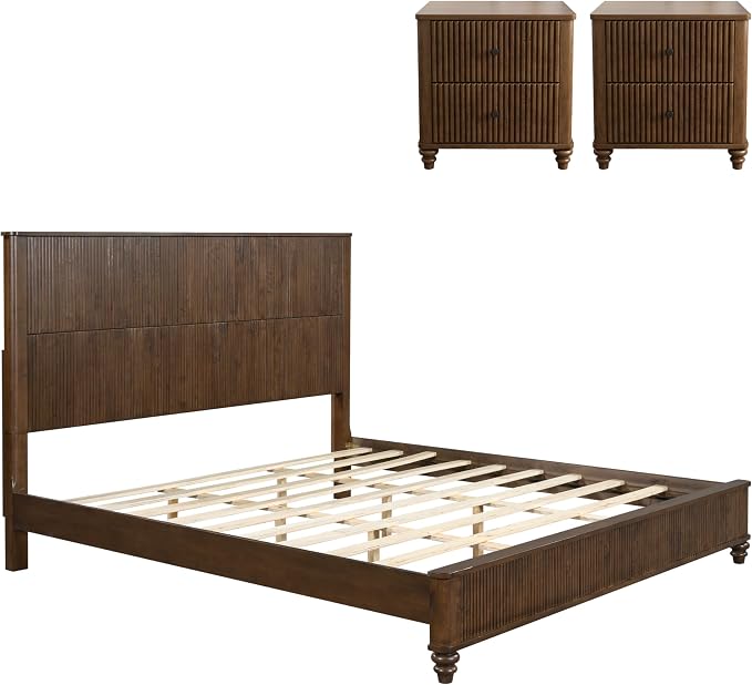 3-Pieces Bedroom Sets, King Size Platform Bed with 2 Nightstands, Solid Wood Platform Bed Frame with Tall Headboard and Classic American Turned Legs (Brown-5.25, King)