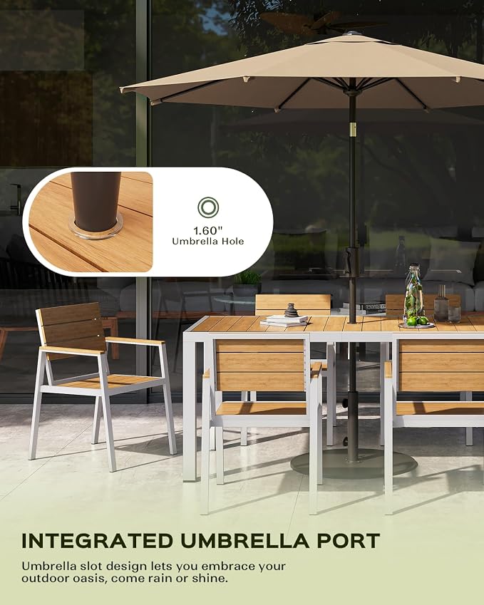 Vexwalx 67" HDPS Outdoor Patio Dining Table, Aluminum-Edged Outdoor Dining Table with Umbrella Hole, Weather-Resistant for Lawn, Garden, Poolside and Indoor Use, White & Teak