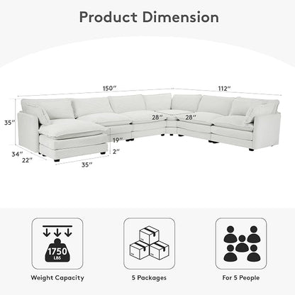 ROWHY 150'' Modular Sectional Corner Cloud Couch, 7 Seater Sofa Big Comfy Corduroy V Shaped Couch with 4 Throw Pillows, Movable Ottoman, Couches for Living Room Office Light Grey