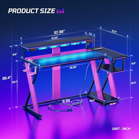Bestier Computer Desk with Music Sync Light, Flow Vibe Corner Desk with Monitor Stand and PS5 Storage Shelves, Cup Holders, and Headset Hooks for Bedroom Small Space (Black Purple, 57 Inch)