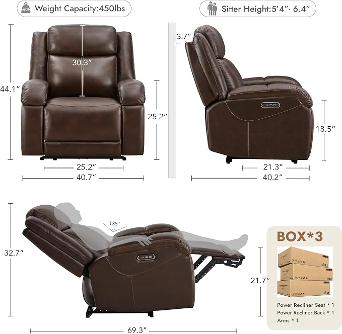 Watson & Whitely Oversized Genuine Leather Power Recliner Chairs for Big and Tall, Wall Hugger Recliner with Power Headrest & Charging Ports, Extra Large Reclining Chair for Living Room, Dark Brown