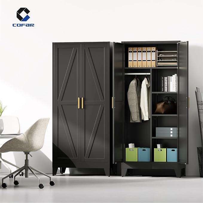 COFaR Metal Wardrobe Closet, 71'' Tall Steel Bedroom Armoire with Adjustable Hanging Rod and Shelves, Broom Closet Storage Cabinet for Garage Laundry Office, Farmhouse Black