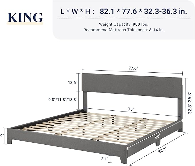 Allewie King Size Bed Frame with Adjustable Headboard, Upholstered Platform Bed with Wood Slats, Heavy Duty Mattress Foundation, No Box Spring Needed, Noise-Free, Easy Assembly, Dark Grey