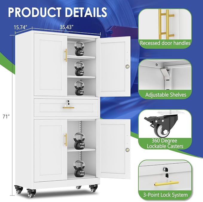 71" Metal Garage Storage Cabinet with Wheels and Locking Doors | Tall Rolling Steel Tool Cabinet with 3 Adjustable Shelves for Garage,Home Office(White, 71" H x 35.43W x 15.74" D)