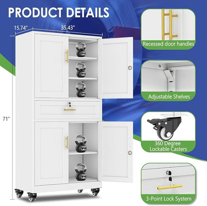 71" Metal Garage Storage Cabinet with Wheels and Locking Doors | Tall Rolling Steel Tool Cabinet with 3 Adjustable Shelves for Garage,Home Office(White, 71" H x 35.43W x 15.74" D)