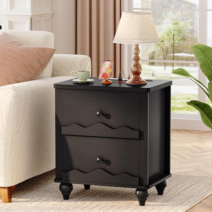 Cyclysio Black Nightstand with Charging Station, Scalloped Bedside Table with 2 Smooth Drawers, Modern End Table with Solid Wood Legs for Bedroom and Small Spaces