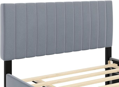 Bellemave Full Bed Frame with Trundle Bed,Velvet Upholstered Platform Bed Frame,Full Size Trundle Bed with Headboard for Kids Teens Adults(Gray)