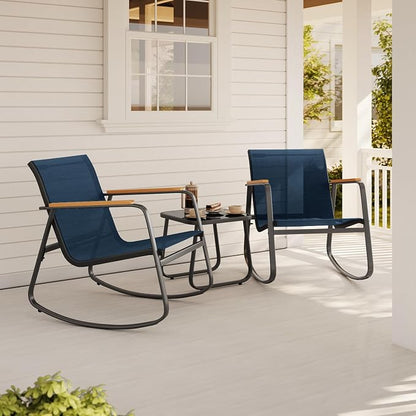 Aiho 3 Piece Rocking Bistro Set, Textilene Fabric Patio Furniture Set, Front Porch Rocker Chairs with Coffee Table for Lawn, Garden, Balcony, Poolside (Blue)