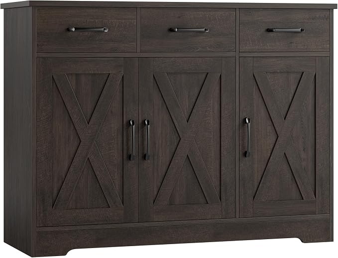 HOSTACK Modern Farmhouse Buffet Sideboard Cabinet, Barn Doors Storage Cabinet with Drawers and Shelves, Wood Coffee Bar with Storage for Dining Room, Kitchen, Living Room, Dark Brown