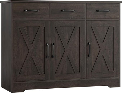 HOSTACK Modern Farmhouse Buffet Sideboard Cabinet, Barn Doors Storage Cabinet with Drawers and Shelves, Wood Coffee Bar with Storage for Dining Room, Kitchen, Living Room, Dark Brown
