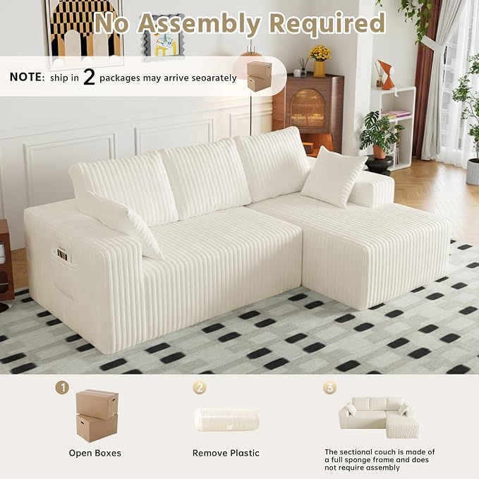 Cloud Boneless Sectional Cream Couches with Oversized Chaise for Living Room, Modular L Shaped Couch with Deep Seat, Memory Foam Compressed 3 Seater Sofa for Apartment