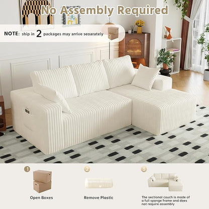 Cloud Boneless Sectional Cream Couches with Oversized Chaise for Living Room, Modular L Shaped Couch with Deep Seat, Memory Foam Compressed 3 Seater Sofa for Apartment