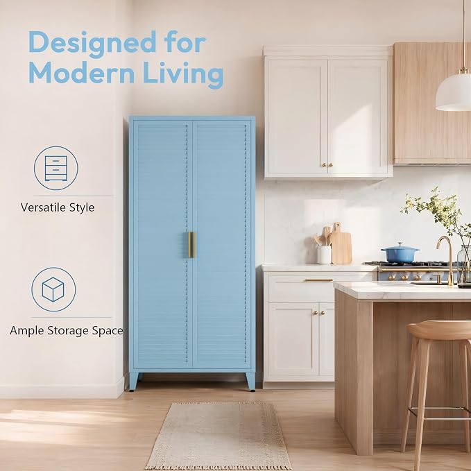 61" Tall Blue Kitchen Pantry Cabinet, Farmhouse Metal Pantry Storage Cabinets, with 2 Louvered Door and 3 Adjustable Shelves, Multipurpose Storage Organizer, for Home, Entryway, Kids Room