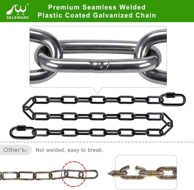 SELEWARE 2 Pack 80 Inch Hanging Swing Chain with 4 Carabiners, 1000LB Capacity Plastic Coated Hanging Chains, Hammock Hardware Kit for Swing, Hanging Chair, Punching Bags, Indoor Outdoor Gym (Black)