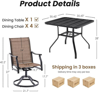 Soohow Patio Dining Set for 4, 5 Piece Outdoor Table and Chairs Set, 4 x Swivel Patio Chairs with Textilene Fabric and 35"x35" Outdoor Dining Table with 1.57" Umbrella Hole for Poolside, Backyard