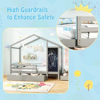Giantex Twin Bed with 2 Storage Drawers, Solid Wood House Bed with Blackboard & Safety Guardrails, Twin House Bed w/Slats Support, No Box Spring Needed, Twin Bed Frames for Kids Girls Boys (Grey)