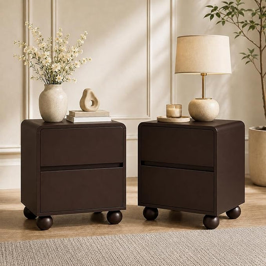 Furniway Brown Nightstand Set of 2, Modern 2 Drawer Bedside Table with Curved Profile Design and Handle-Free Drawers, Modern End Table with Storage for Bedroom