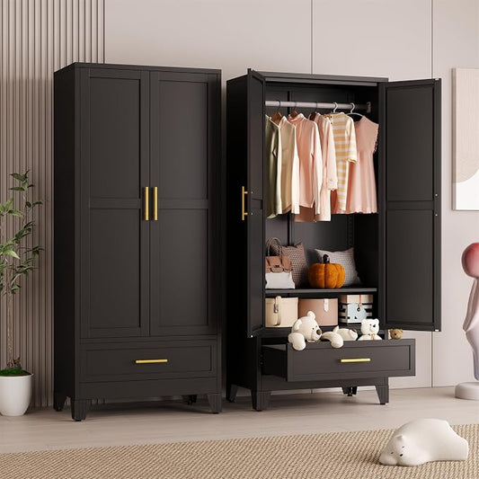Metal Armoire Wardrobe Closet Storage Cabinet with 2 Doors Black, 71'' Wardrobe Cabinet with Hanging Rod Metal Closet with Adjustable Shelf and Drawer for Bedroom, Laundry Room, Cloak Room