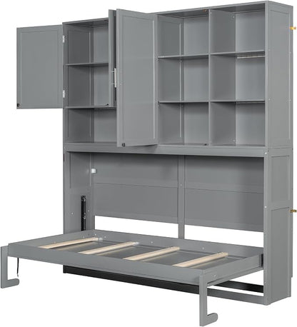 Twin Murphy Bed with Storage, Folding Wall Bed with Top Cabinet and Shelves | Flexible slats and a dual-piston mechanism help lift and lower the bed smoothly, with 400 lb capacity for daily use.