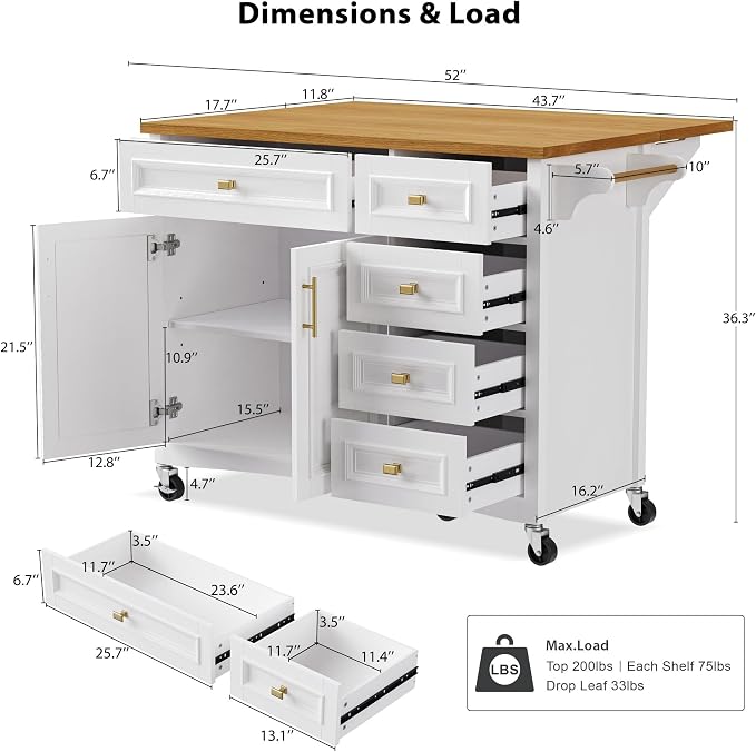 Large Kitchen Island with Rubber Wood Drop Leaf, Rolling Kitchen Cart with Ample Storage on Wheels with Doors and Drawers, Embossed Texture for Dining Room (52Inch, White, Golden Handle)