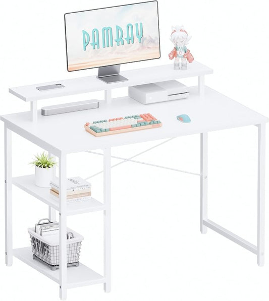 Pamray 33.5 Inch Small Computer Desk with Monitor Stand and Shelves | Sturdy, Space-Saving, Easy Assemblely, Suitable for Bedroom, Office, Apartment and Dorm, Used for Writing and Studying