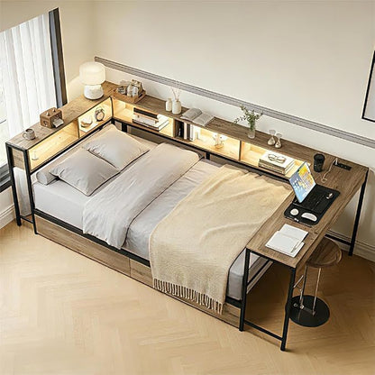 Bellemave Twin Corner Bed Frame with Storage Bookcase & 2 Drawers, Modern Metal Twin Daybed with LED Lights & Charging Station, Reversible Twin Corner Bed with Desk for Space-Saving, Grey