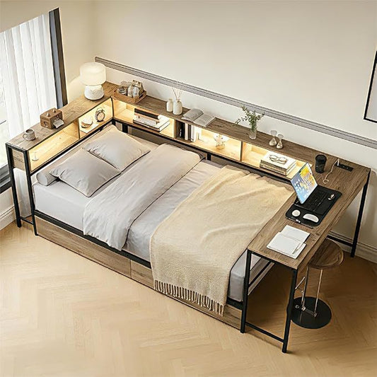 Bellemave Twin Corner Bed Frame with Storage Bookcase & 2 Drawers, Modern Metal Twin Daybed with LED Lights & Charging Station, Reversible Twin Corner Bed with Desk for Space-Saving, Grey