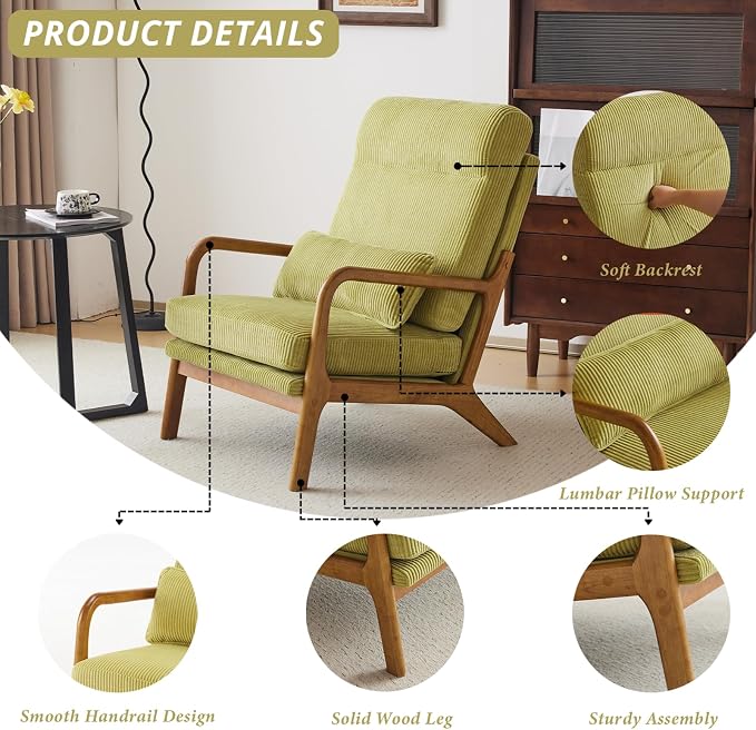 Karl home Accent Chair High Back Mid-Century Modern, Green | Corduroy Upholstered, Walnut Color Solid Rubber Wood Frame, Soft Cushion with Pillow, For Living Room, Bedroom, Balcony