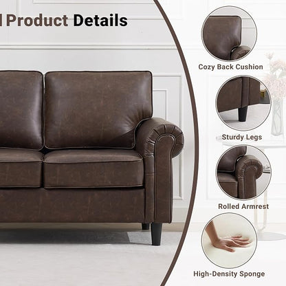 Kingfun Loveseat 2 Seater Couch, Mid Century Modern Faux Leather Sofa with Rolled Arms and Deep Seats, Fluffy Comfort for Living Room, Apartment, Easy Assembly, Cocoa